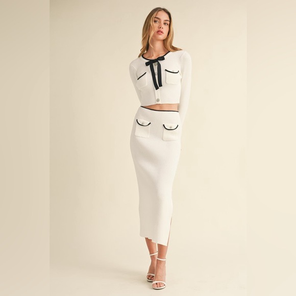 49. Ribbed Knit Rhinestone Buttons Skirt Set in Cream - Picture 4 of 8